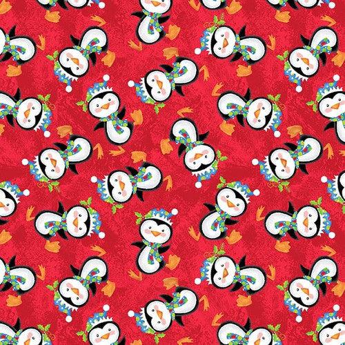 A Jolly Good Time Red Tossed Penguins Fabric