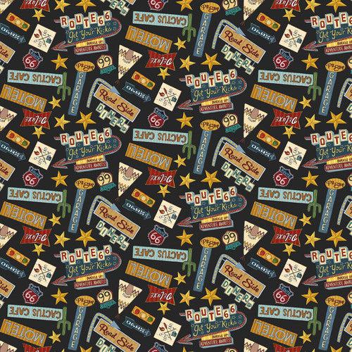 Adventure Awaits Black Route 66 Icons Fabric