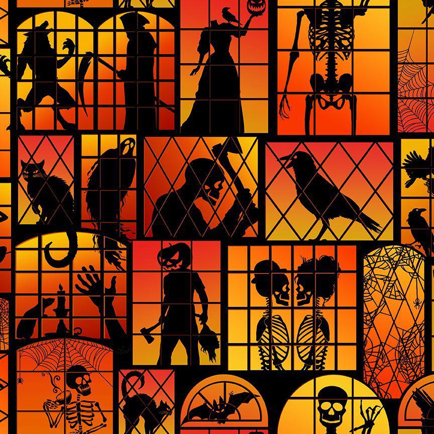 All Hallow's Eve Orange Halloween Window Silhouettes Fabric