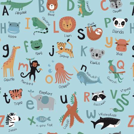 Alphabet Zoo Aqua Main Zoo Animal Fabric-Riley Blake Fabrics-My Favorite Quilt Store