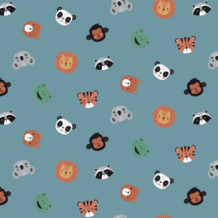 Alphabet Zoo Stone Blue Animal Face Toss Fabric-Riley Blake Fabrics-My Favorite Quilt Store