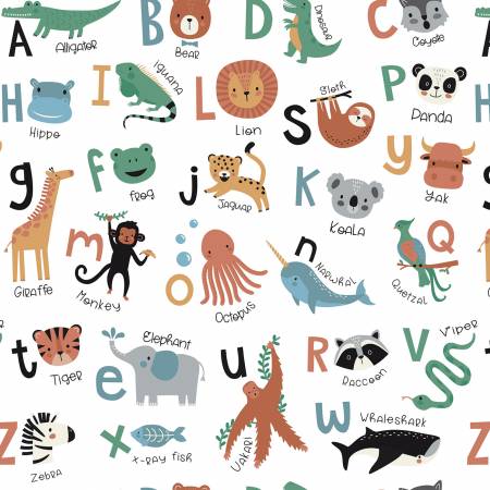 Alphabet Zoo  White Main Zoo Animal Fabric