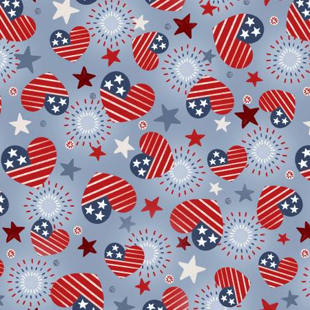 America The Beautiful Blue Tossed Flag Hearts Fabric