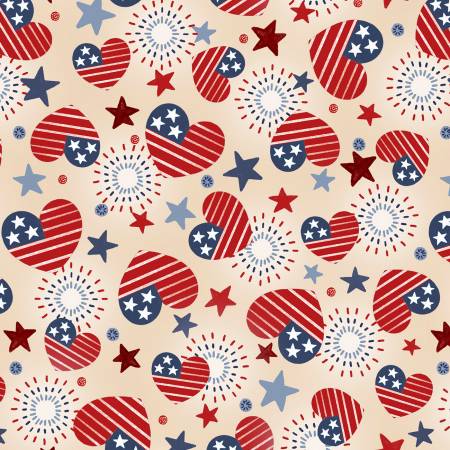 America The Beautiful Cream Tossed Flag Hearts Fabric-P & B Textiles-My Favorite Quilt Store