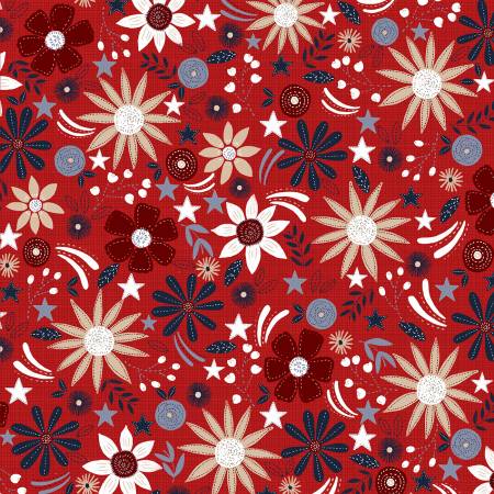 America The Beautiful Red Patriotic Flowers Fabric