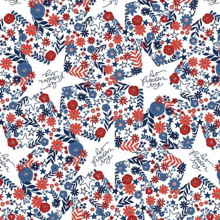 America The Beautiful White Packed Floral Stars Fabric