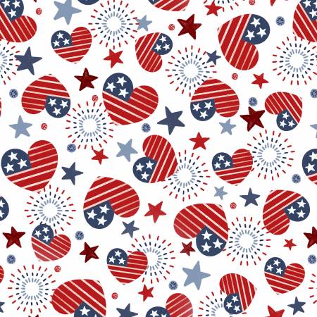 America The Beautiful White Tossed Flag Hearts Fabric-P & B Textiles-My Favorite Quilt Store