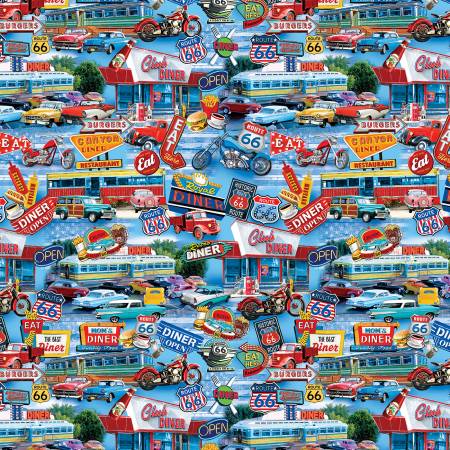 America's Highway Blue American Diners Fabric