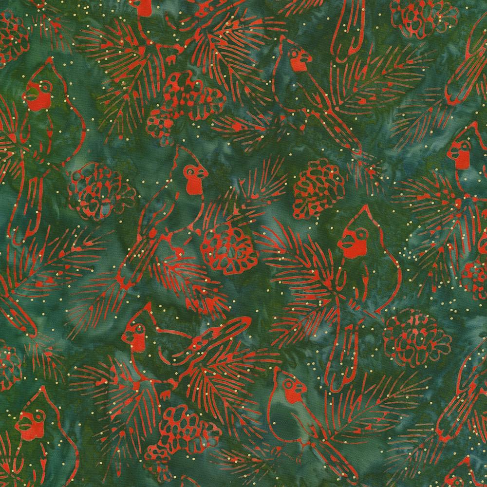 Artisan Batiks:Joyful Holidays Pine Cardinal Batik Fabric-Robert Kaufman-My Favorite Quilt Store