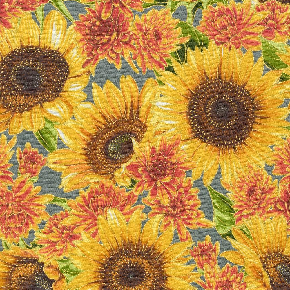 Sunflower Fabric 2 Yard x 44 Yellow, Green, Brown