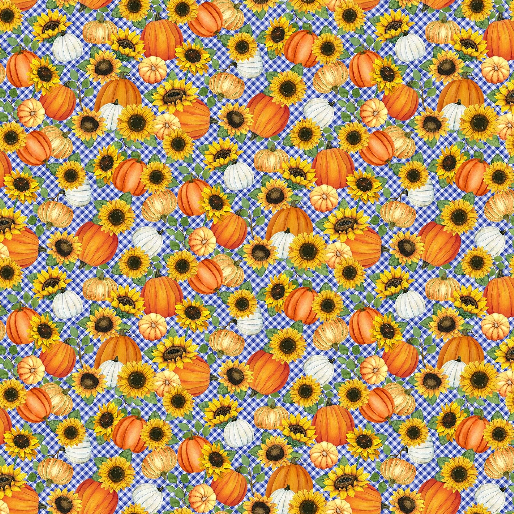 Autumn Gathering Blue Multi Pumpkins Digital Print Fabric