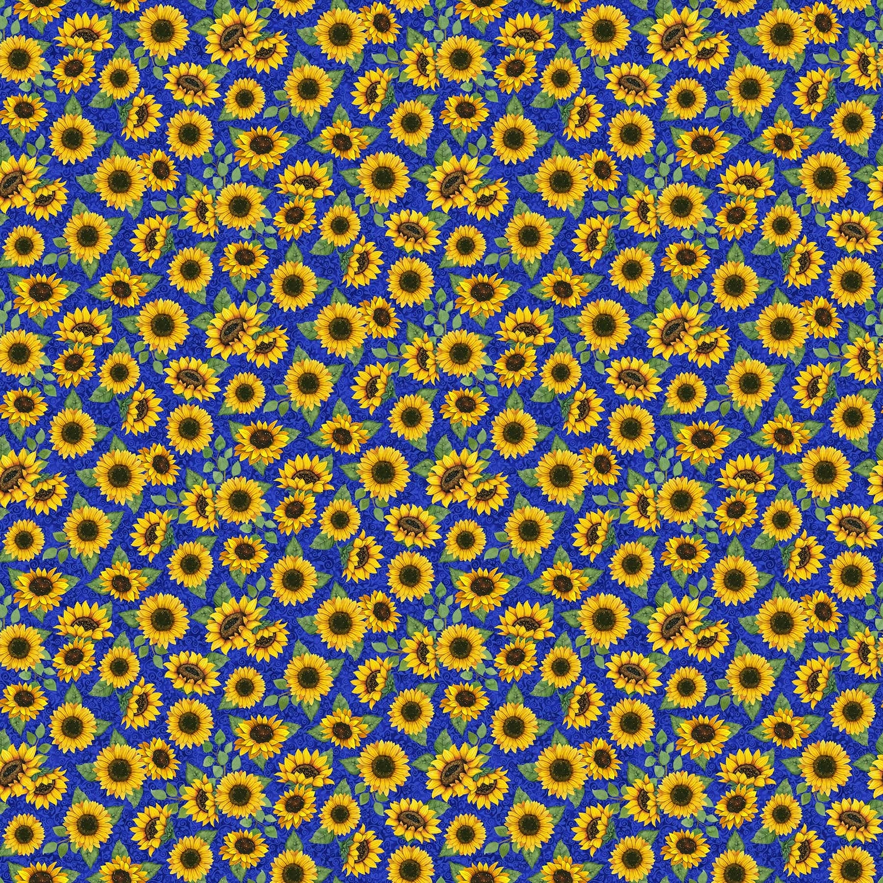 Autumn Gathering Blue Multi Sunflowers Digital Print Fabric