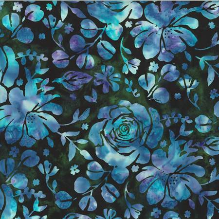 Batik Fabric By Half-Yard Blue Lt Gray Floral Black Hoffman Premium Cotton  #59