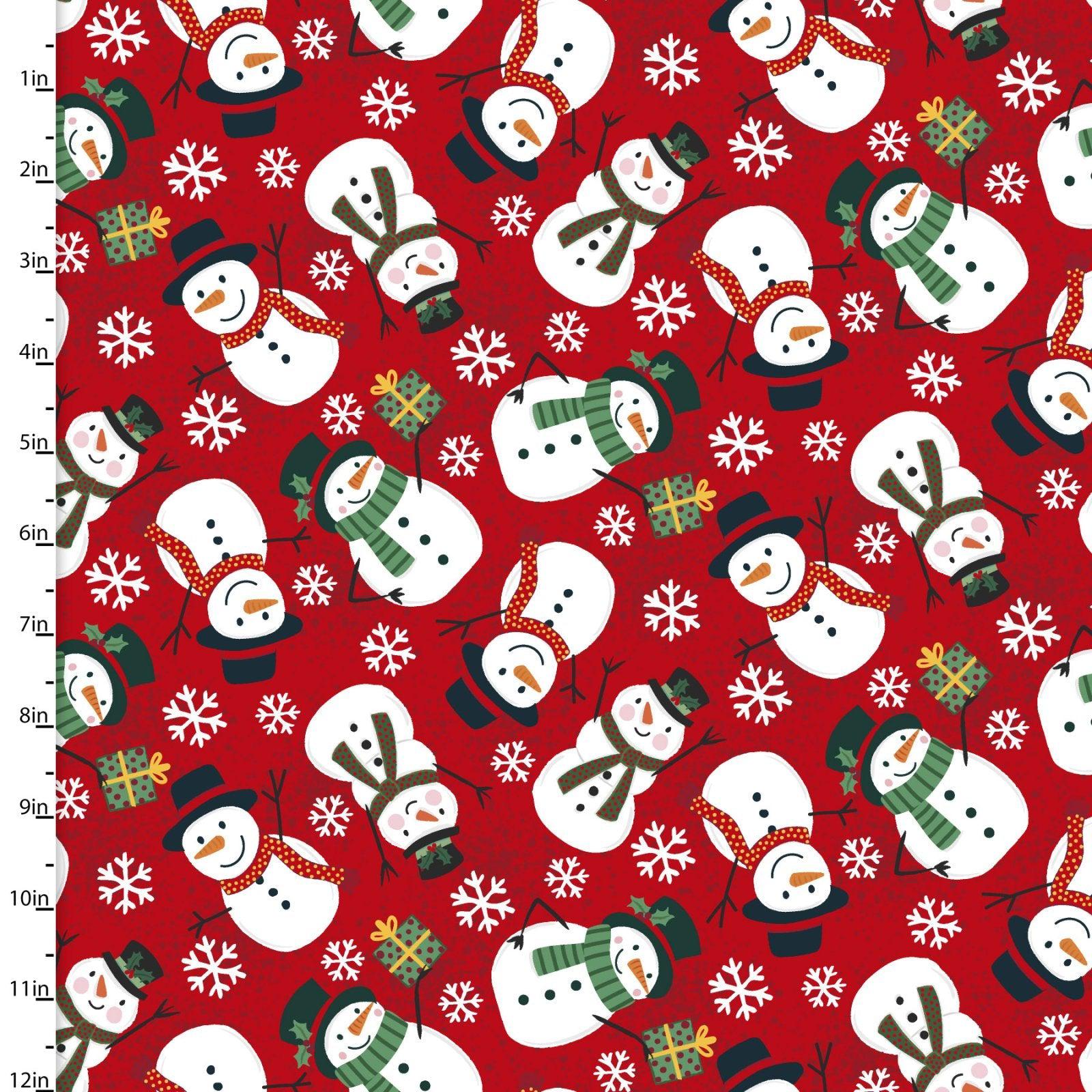 Be Merry Snowman Toss Red Fabric-3 Wishes Fabric-My Favorite Quilt Store