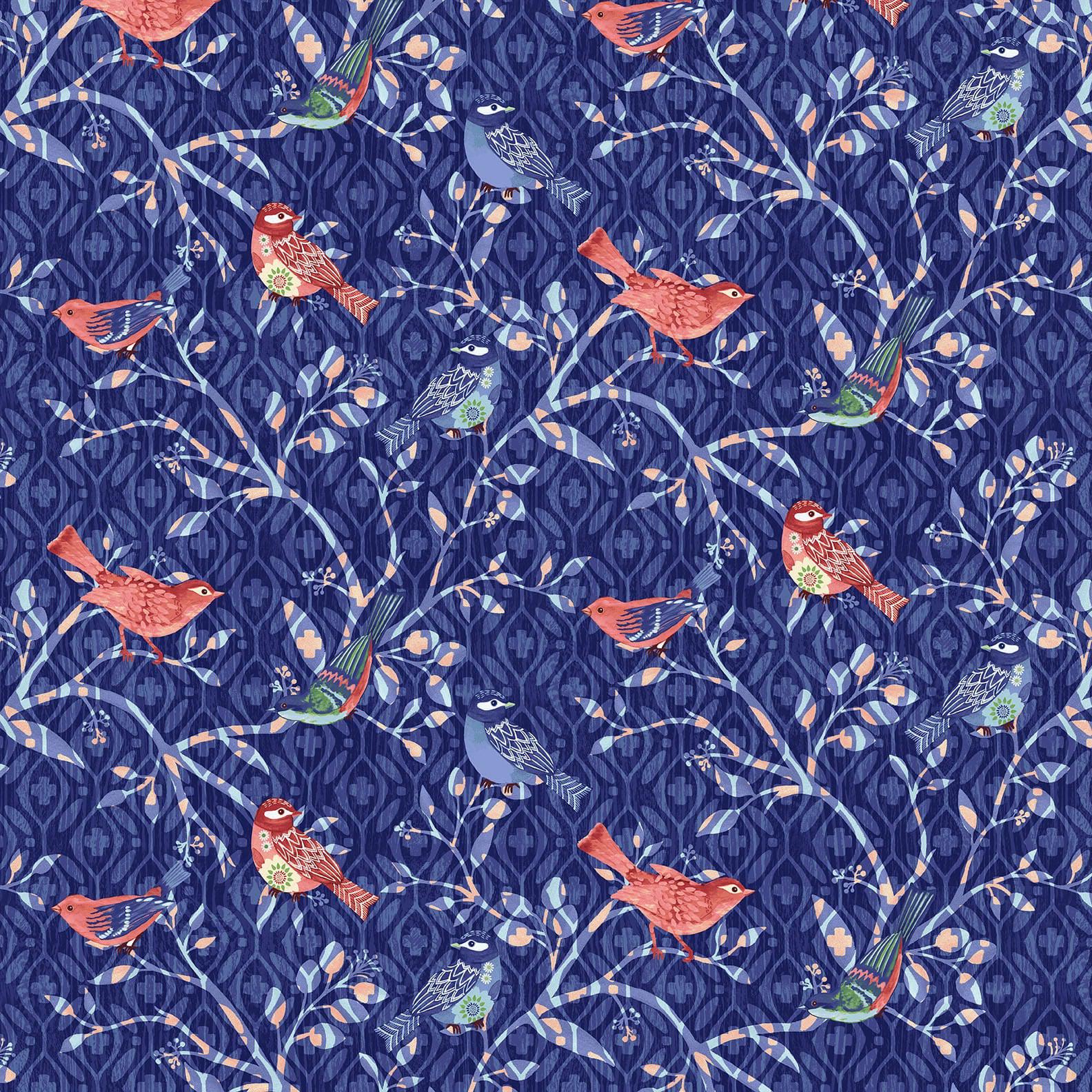 Bella Blue Birds Indigo Bird Branches Fabric