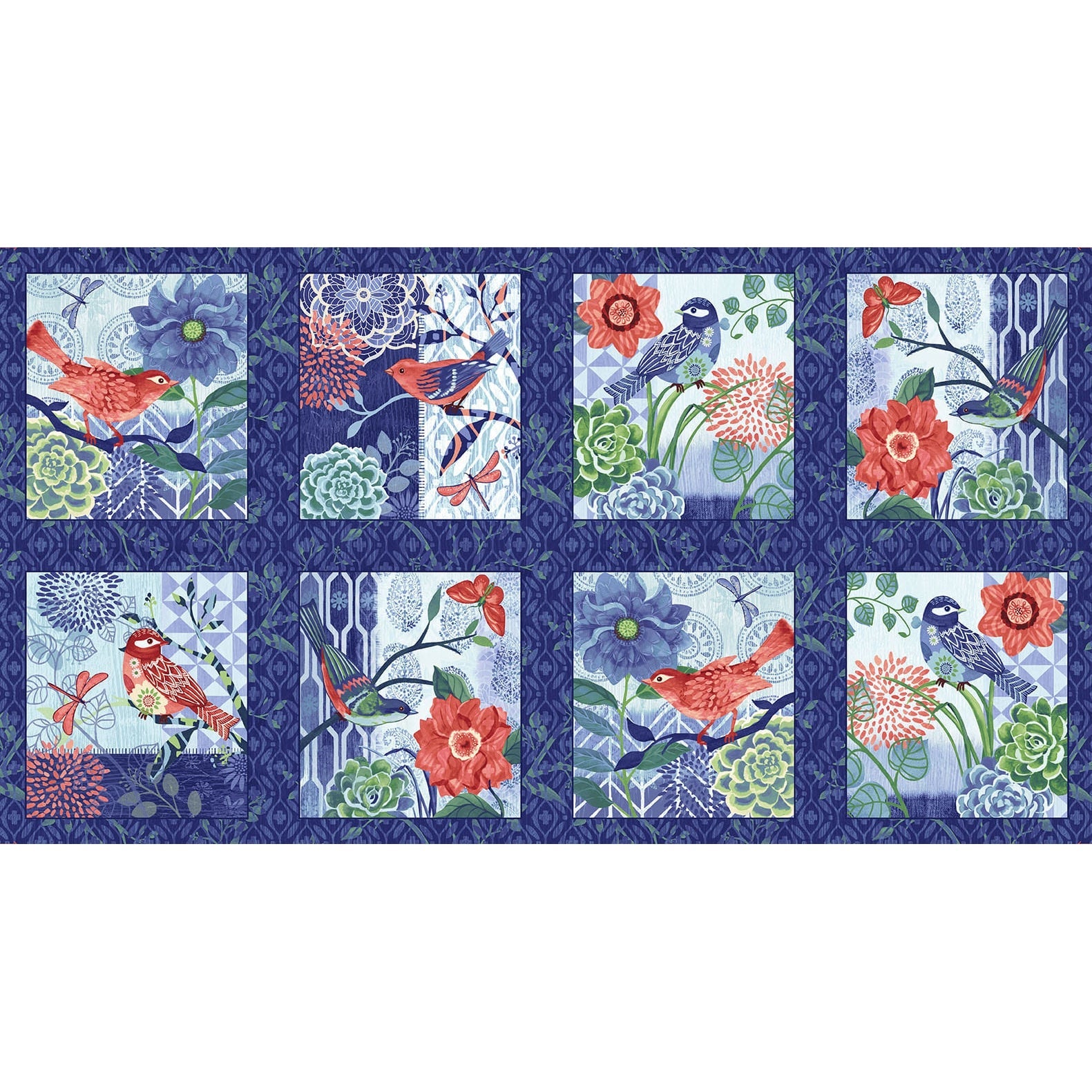 Bella Blue Birds Indigo Blocks Panel 24"