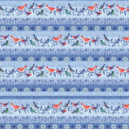 Bella Blue Birds Light Blue Border Stripe Fabric