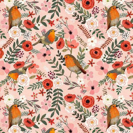 Bird Garden Pink Lovely Robins Fabric