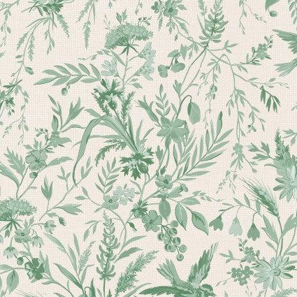 Birdsong Sage Green Flowers and Birds Fabric