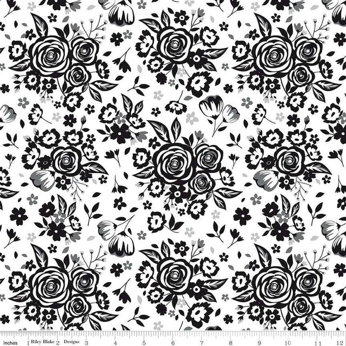 Black Tie Large Floral Off White Fabric-Riley Blake Fabrics-My Favorite Quilt Store