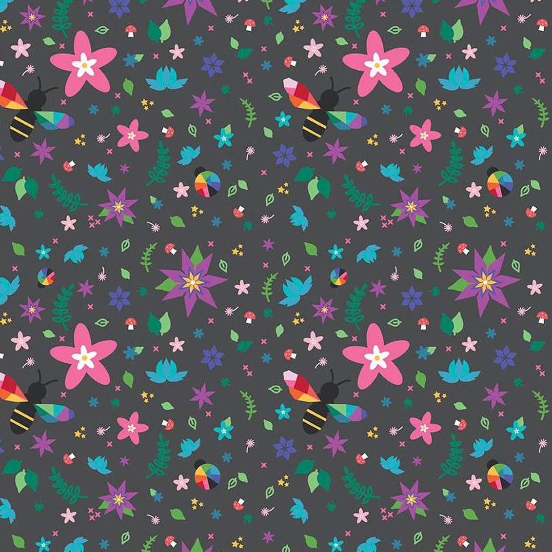 Bloom Charcoal Main Bees and Flowers Fabric-Riley Blake Fabrics-My Favorite Quilt Store