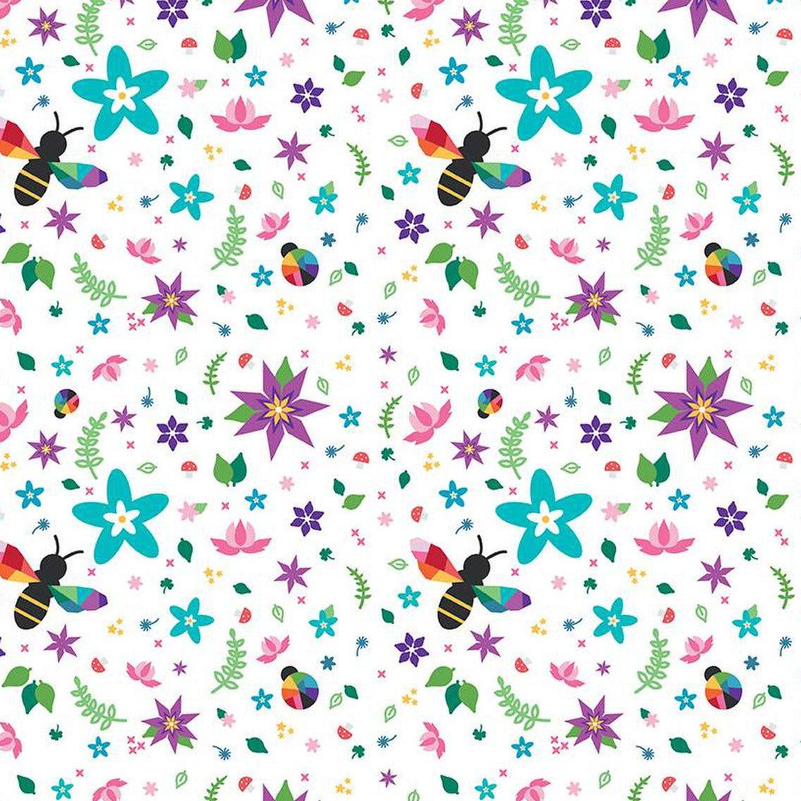 Bloom White Main Bees and Flowers Fabric-Riley Blake Fabrics-My Favorite Quilt Store