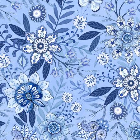 Blooming Blue Medium Blue Large Floral All Over Fabric