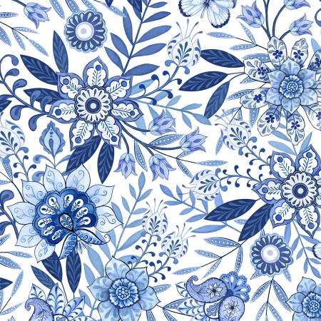 Blooming Blue White Large Floral All Over Fabric