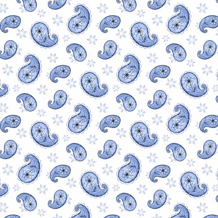 Blooming Blue White Paisley Toss Fabric