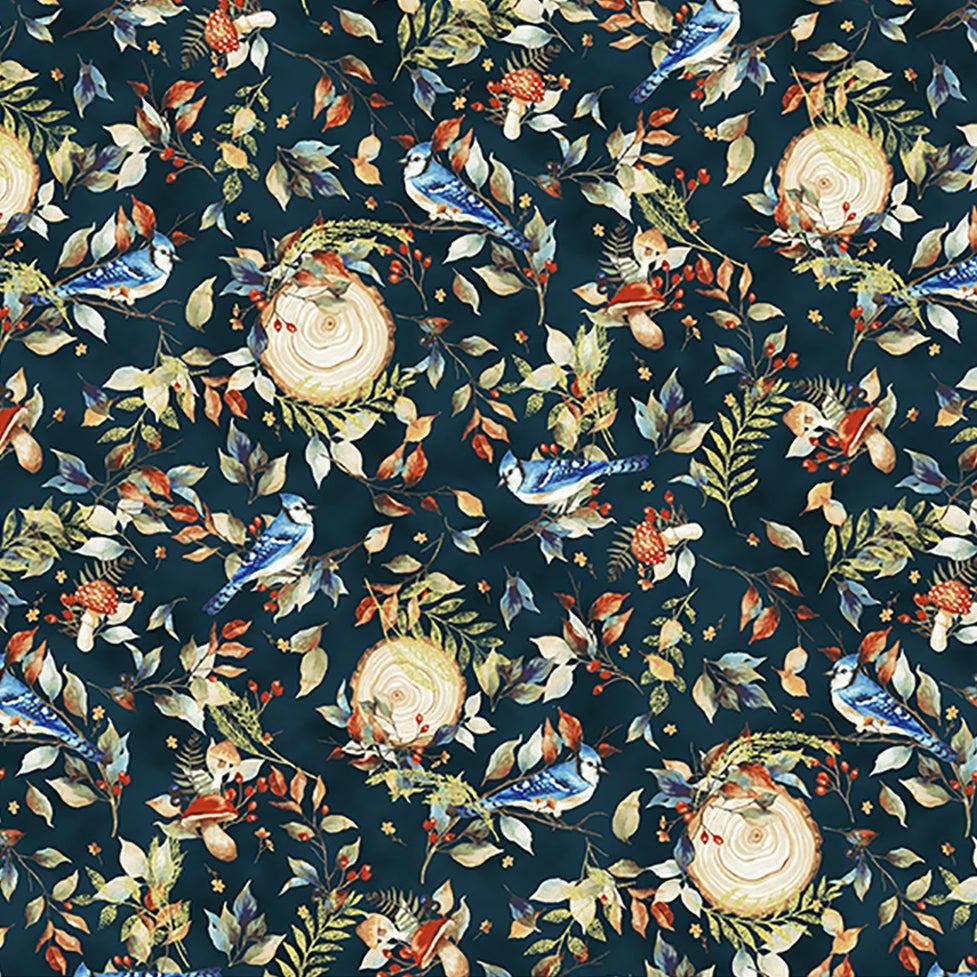 Blue Jay Song Teal Gold Fabric