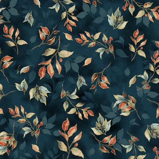 Blue Jay Song Teal Gold Leaves Fabric