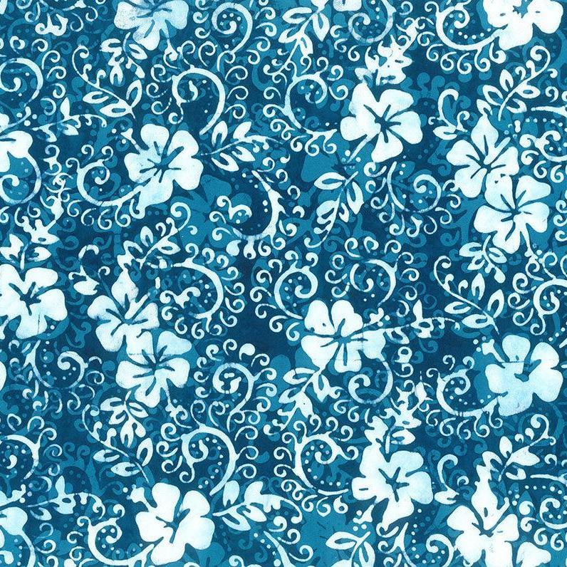 Boardwalk Prussian Double Hibiscus Swirl Batik Fabric