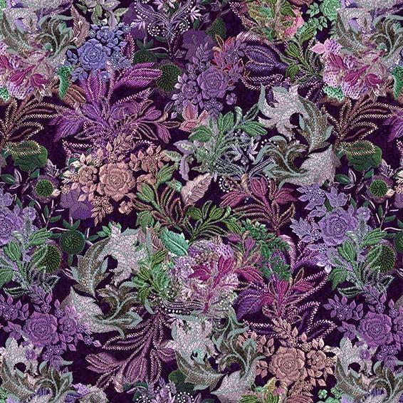 Botanical Charm Deep Amethyst Embroidered Leaves Fabric-Hoffman Fabrics-My Favorite Quilt Store