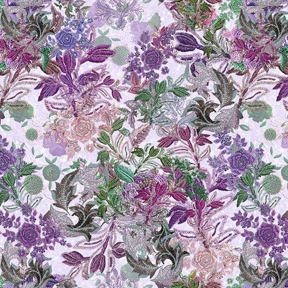 Botanical Charm Lilac Embroidered Leaves Fabric