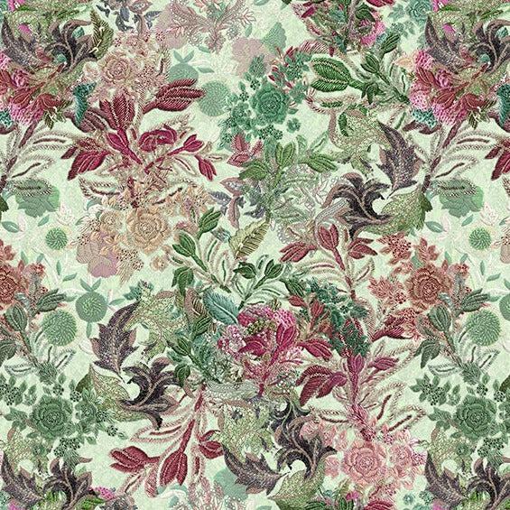 Botanical Charm Mint Embroidered Leaves Fabric-Hoffman Fabrics-My Favorite Quilt Store