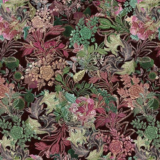 Botanical Charm Mulberry Embroidered Leaves Fabric