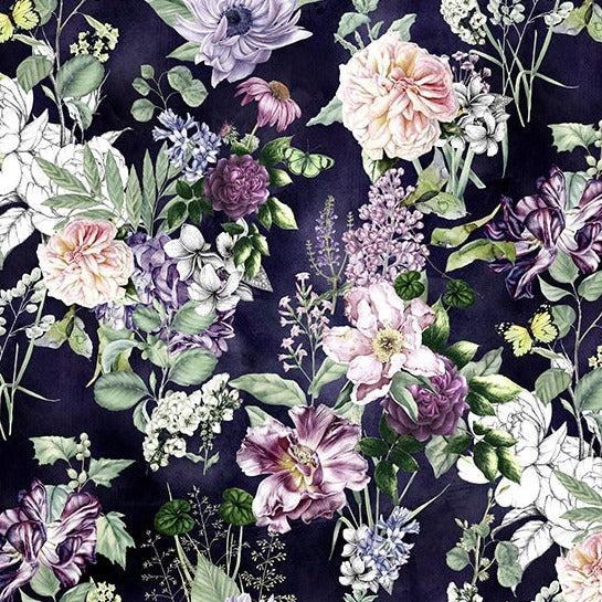 Botanical Charm Violet Flowers & Butterflies Fabric