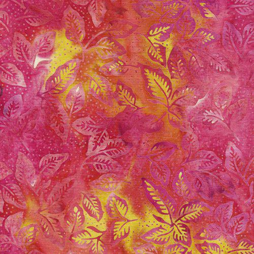 Buds and Blooms Pink Orange Sunset Leaves Batik Fabric