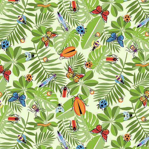 Bug Bug Bug Green Allover Leaves and Bugs Fabric