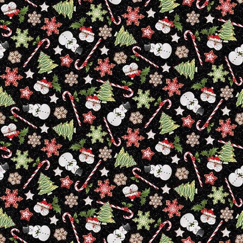 Candy Cane Lane Black Holiday Treats Fabric