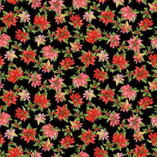 Candy Cane Lane Black Poinsettias Fabric