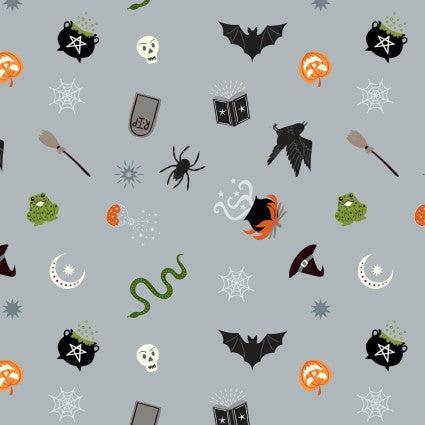 Cast A Spell Light Grey Spooky Tossed Metallic Fabric-Lewis & Irene-My Favorite Quilt Store