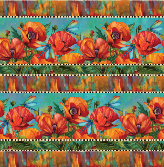 Charisma Multi Poppies Border Stripe Fabric