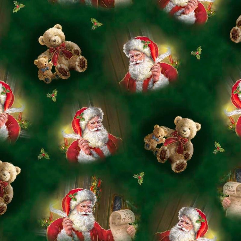 Checking It Twice Santa & Teddy Bears Forest Fabric