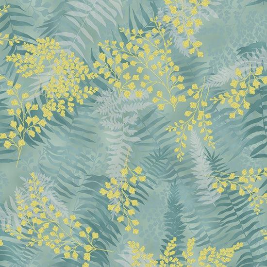 Chickadee Cheer Dusty Teal Gold Allover Leaves Metallic Fabric
