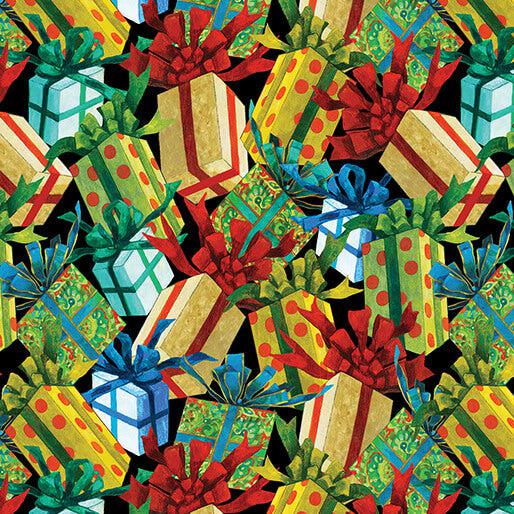 Christmas Spirit Black Multi Gift Boxes Fabric
