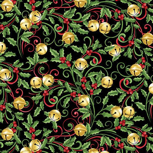 Christmas Spirit Black Swirling Bells Fabric