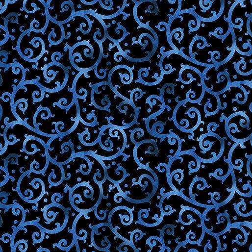 Christmas Spirit Blue Black Scrolling Splendor Fabric