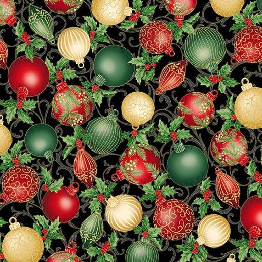 Christmas Splendor Black Gold Ornaments Fabric