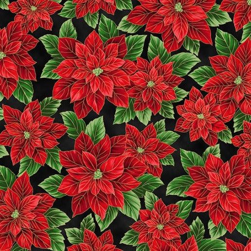 Christmas Splendor Black Gold Packed Poinsettia Fabric